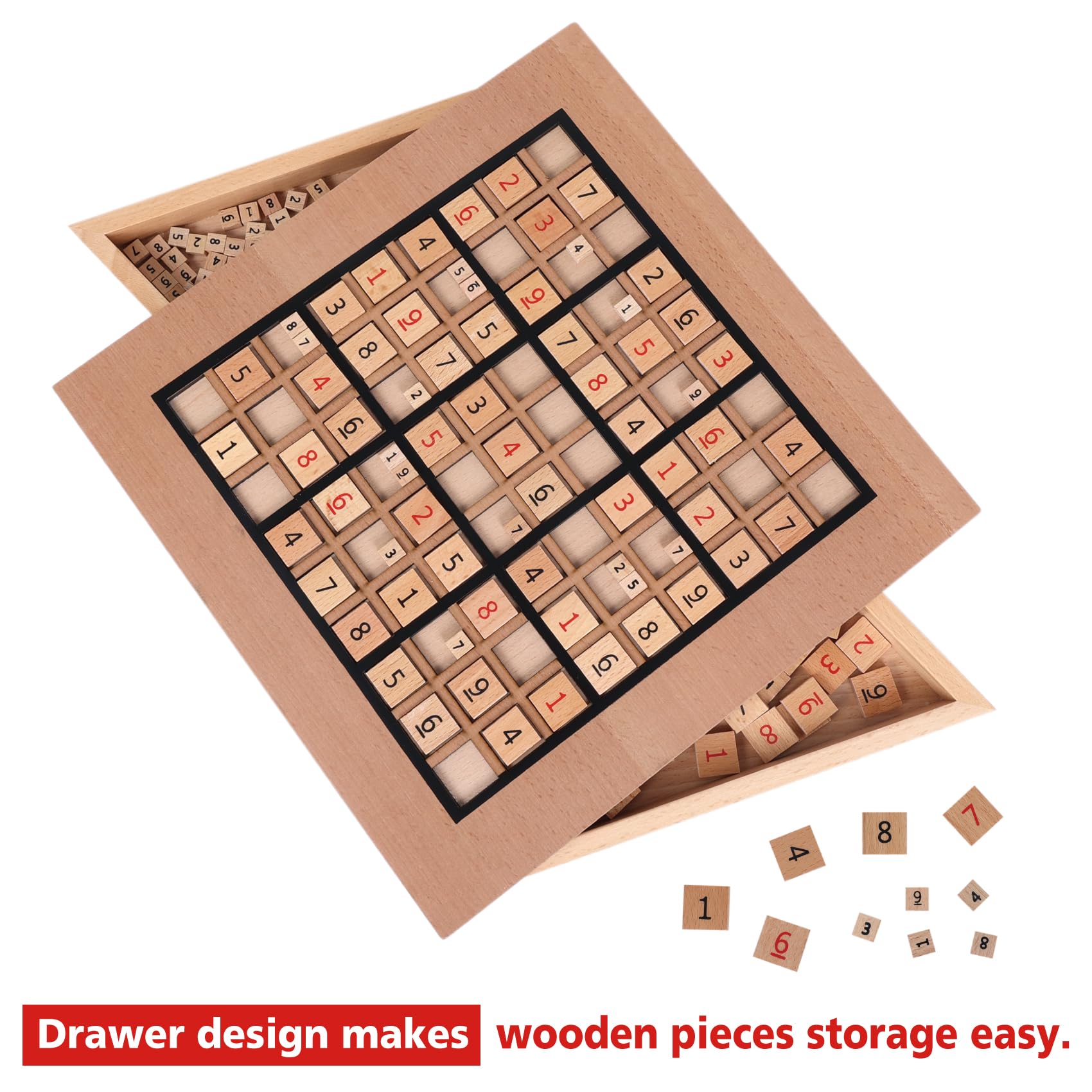 Juego de Sudoku de Madera con Tablero, 90 Fichas de Números Grandes y Piedras de Pensamiento, 2 Cajones de Almacenamiento – Juego de Lógica y Entrenamiento Cerebral para Todas Las Edades