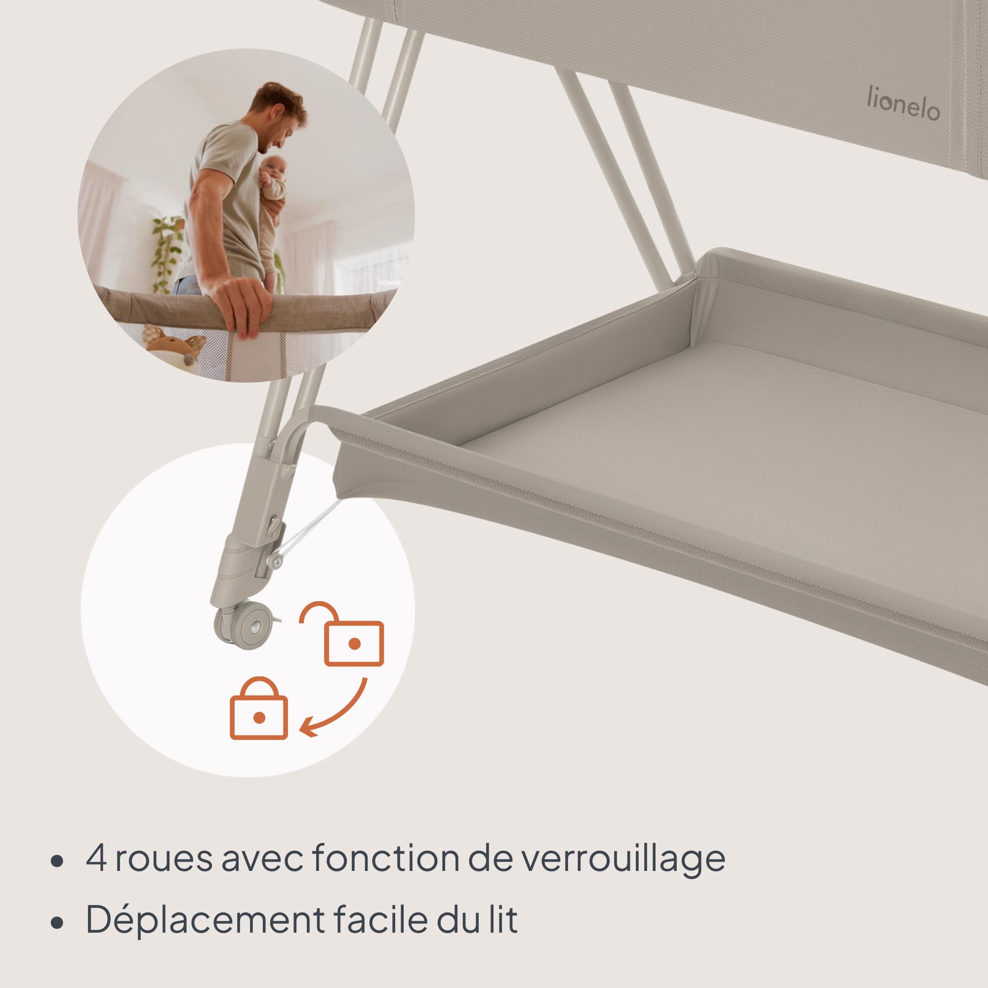 lionelo Luna, lit Bebe indépendant, cododo avec Matelas, co-Sleeping, du Nouveau-né à 9 kg. Hauteur et Inclinaison réglables, 4 Roues avec Blocage, Fixation au lit des Parents, aéré (Beige)