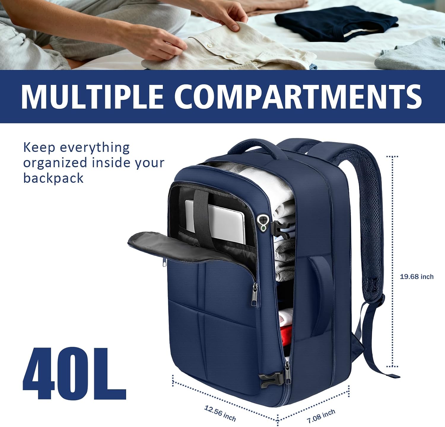tazbuzo Travel Backpack, Extra Large 50L Flight Approved Carry on Backpack, Expandable Waterproof Business Suitcase Daypack Big Bag Fits 18.4 Inch Laptop, Blue image 3