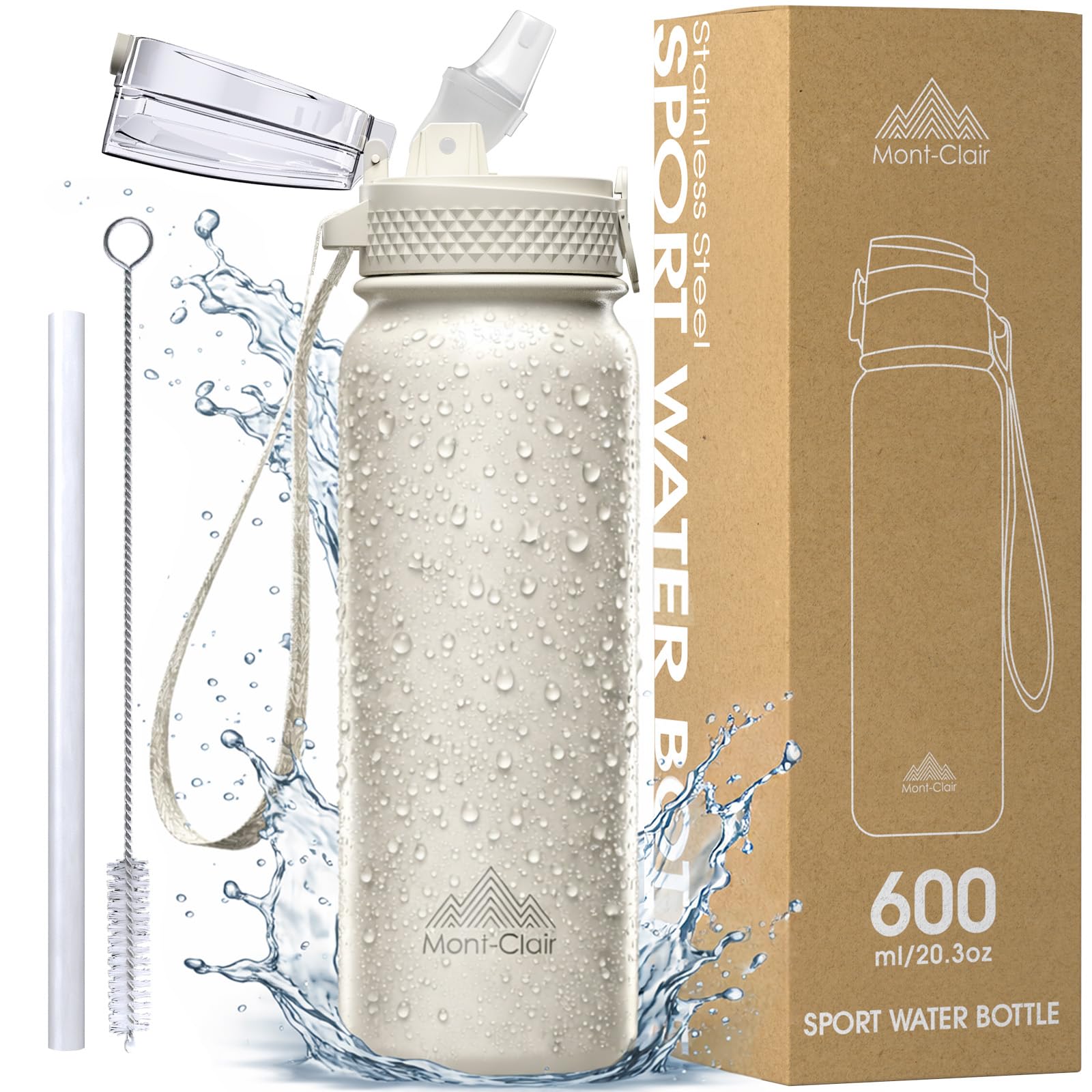 Mont-Clair Women's Cream 600Ml - 20Oz Stainless Water Bottle With Straw - Gym Water Bottle For & Men - Double Wall Insulated - Patented Leakproof Lid Design - Keep Drinks Cold & Bpa Free