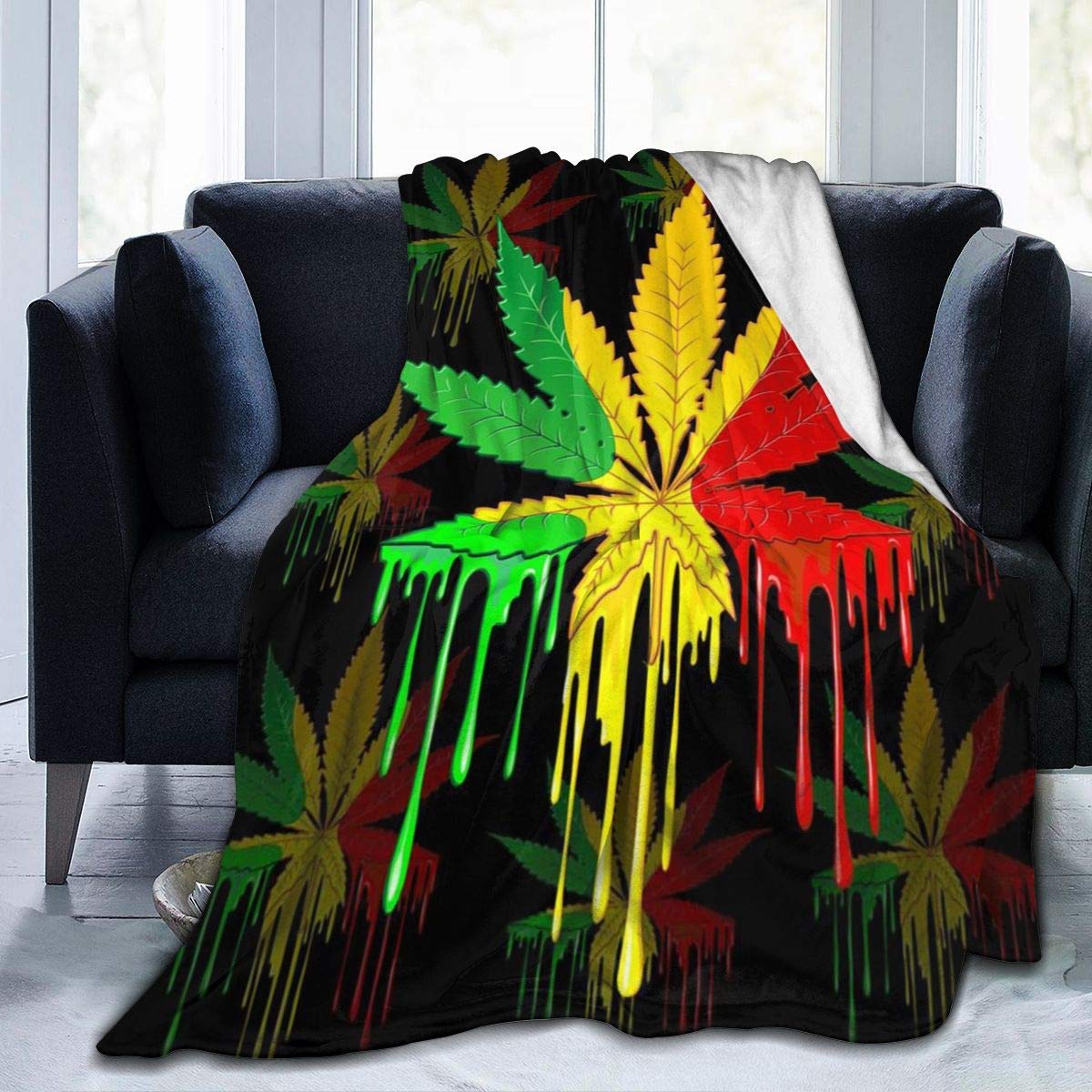 USED HANDMADE ラスタカラーブランケット Amazon｜ブランケット マリファナの葉のラスタカラー 毛布 フランネル