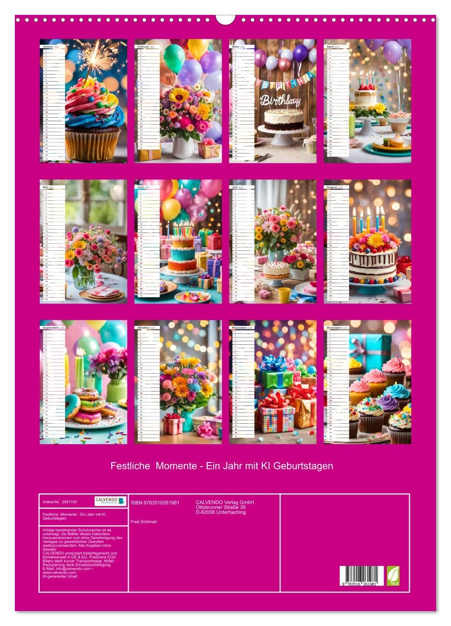 Festliche Momente - Ein Jahr mit KI Geburtstagen (Wandkalender 2026 DIN A2 hoch), CALVENDO Monatskalender: Dein Geburtstagskalender mit bunten Geburtstagsmomenten (CALVENDO Kunst)