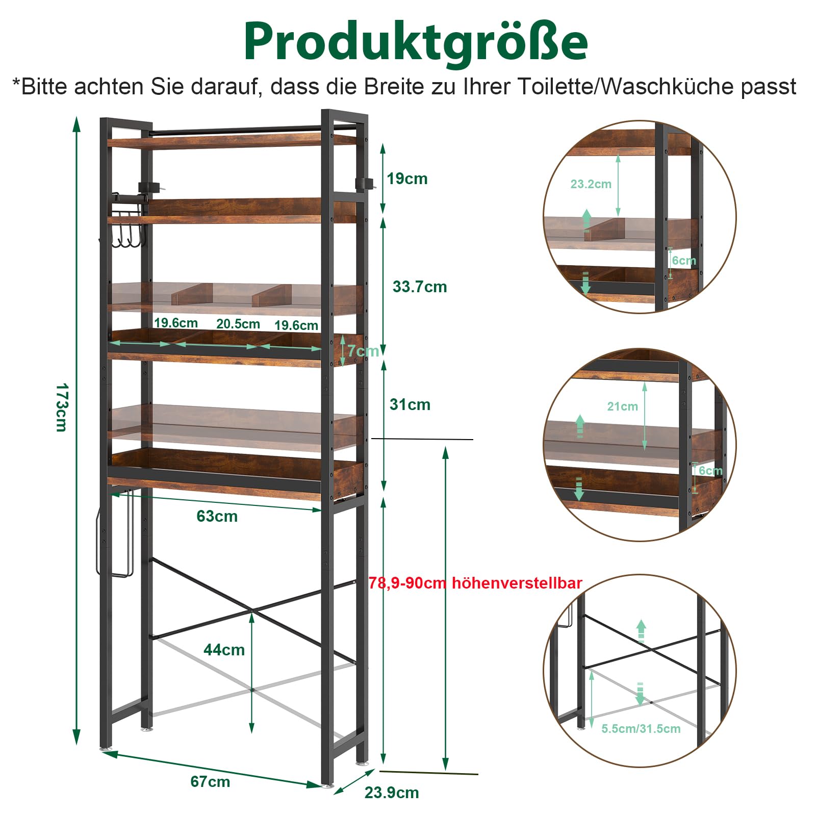 Dripex Scaffale per WC a 4 livelli, organizer da bagno sopra la toilette, scaffale per lavatrice, ripiani regolabili in altezza (marrone)