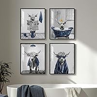 Cuspin Framed Highland Cow Funny Bathroom Wall Art - 4 Piece 8x10 Navy Blue Prints, Waterproof Cute Cow Toilet Decor