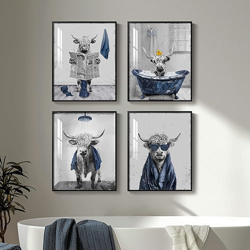 Arte de pared divertido enmarcado de vaca de las tierras altas para baño, 4 piezas divertidas de animales azul marino, lindas vacas sentadas en el