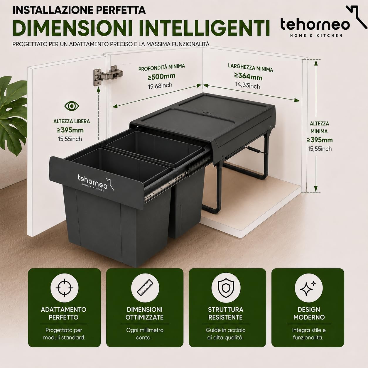 TEHORNEO Pattumiera Sottolavello, Pattumiera Estraibile Sottolavello 2X15 L Acciaio e Plastica, Pattumiera Sottolavello Estraibile, Secchio Spazzatura Sottolavello, Bidoni Sotto Lavello Cucina