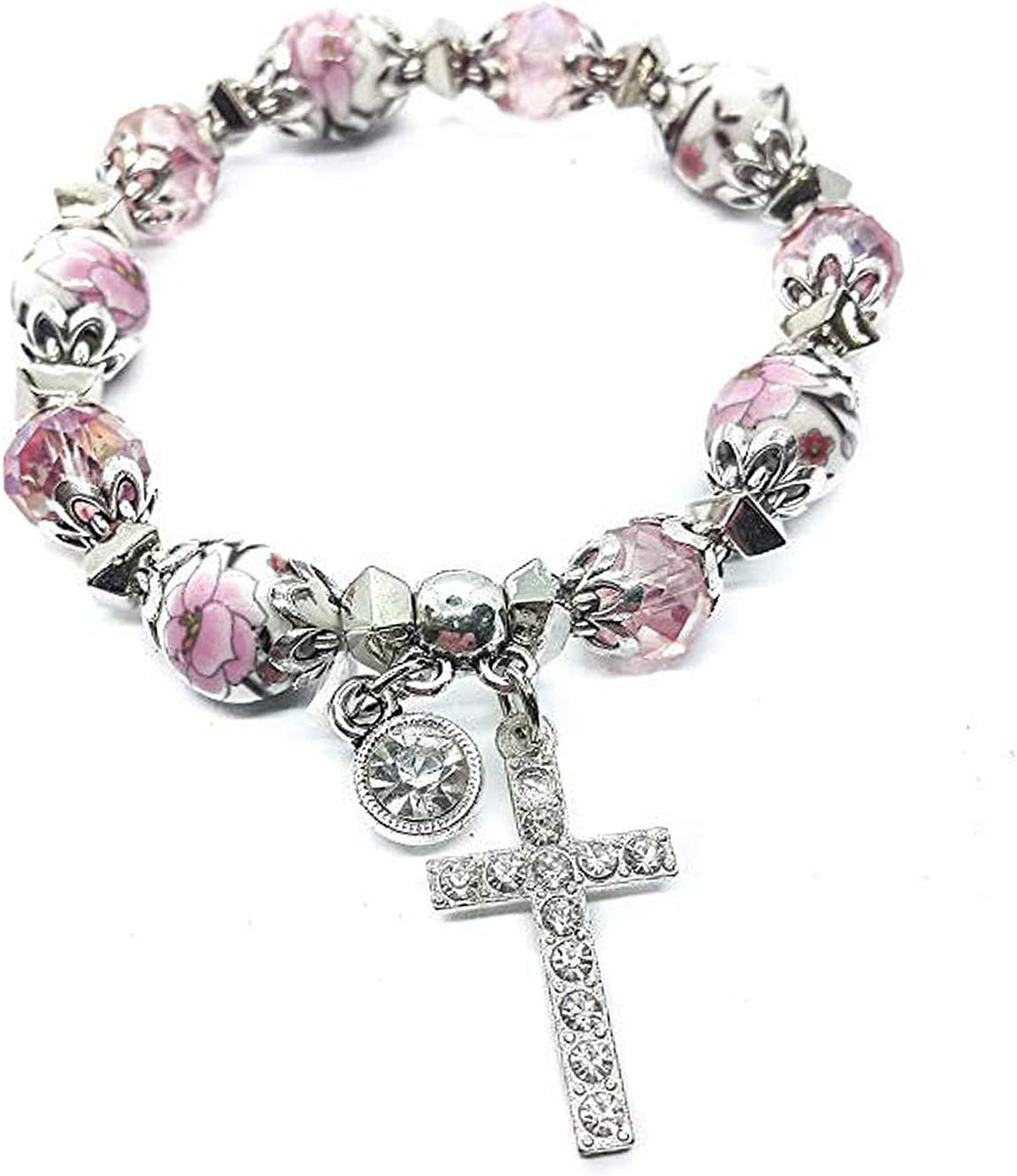 Nazareth Store Handmade Crystallized Glass Beads Cross Bracelet with Ceramic Flower Beads Religious Christian Bangle for Women and Men