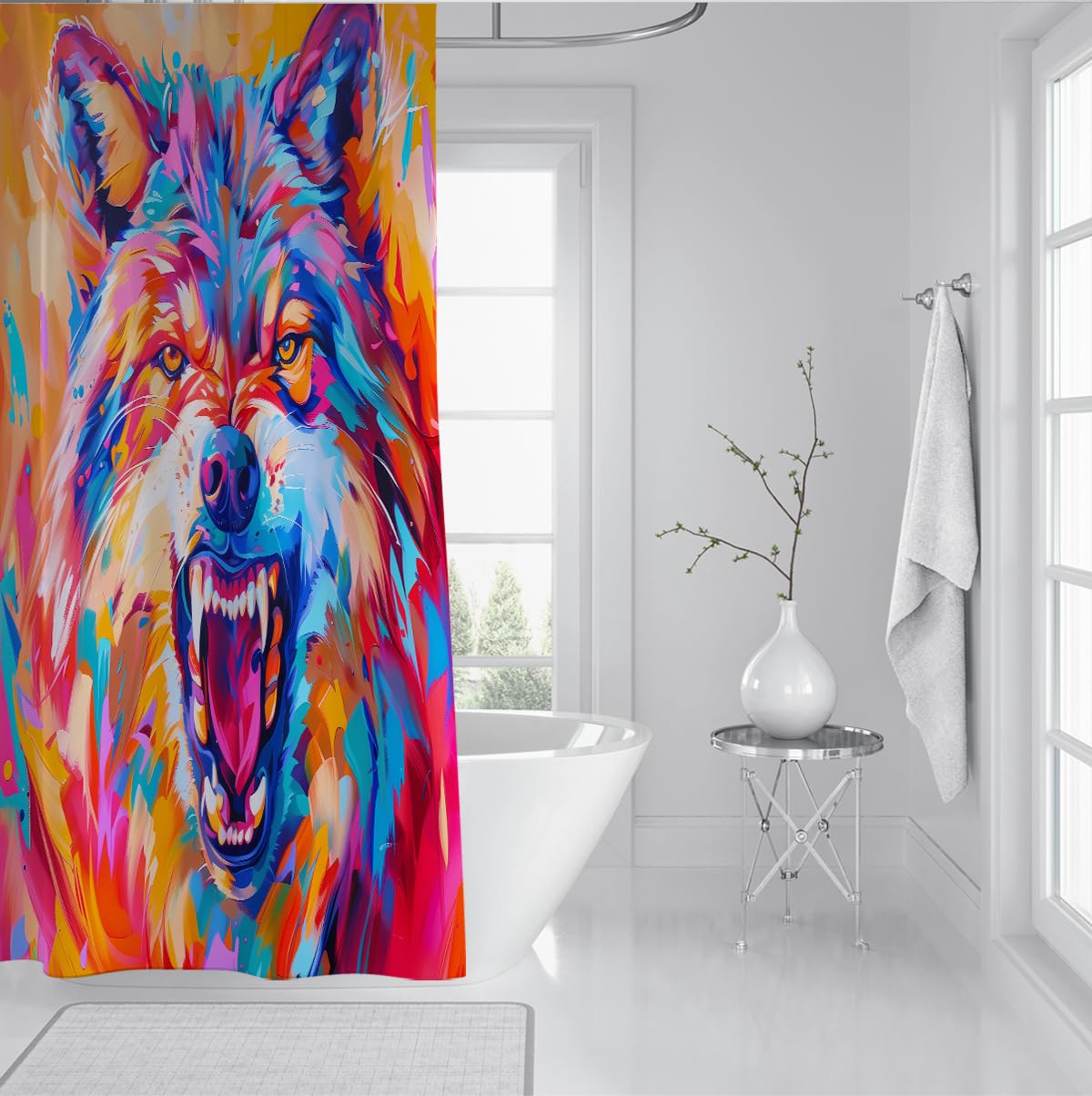 Moderner Pop-Art-Duschvorhang für das Badezimmer Abstrakter bunter Wolf-Duschvorhang Wildes Wildtier-Badedekor Wasserdichtes Polyester 200 x 200 cm