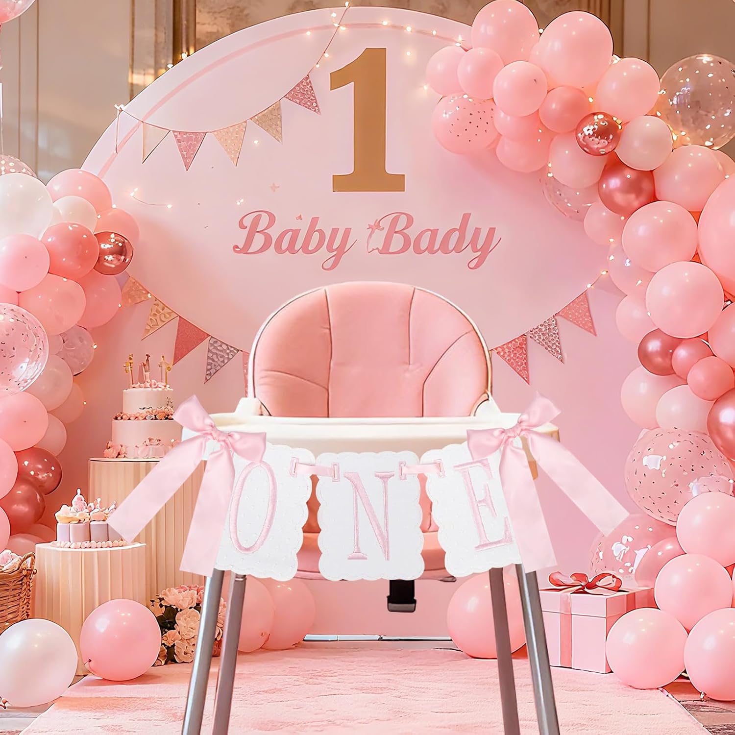 One High Chair Banner Girl, First Birthday Decoration for Sweet Baby Girl, 1st Pink Bow Birthday Banner Embroidery Felt Decorations for Bow Themed Party Photo Props