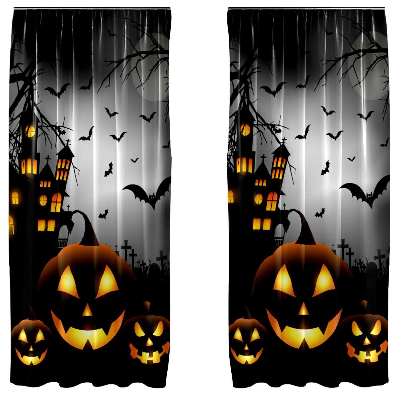 Rideaux citrouille Halloween et château 140x213 cm lot de 2