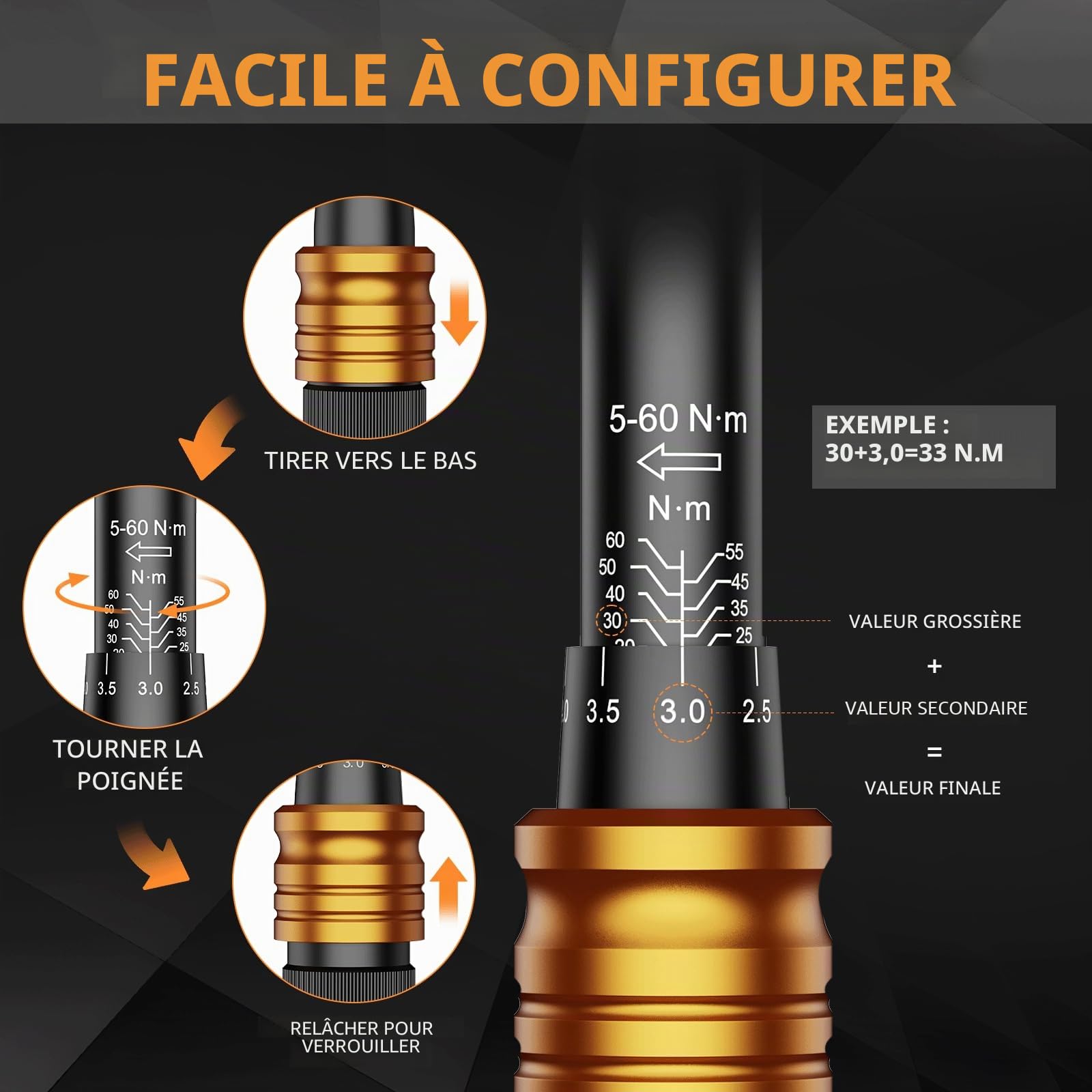 Clé Dynamométrique Moto 3/8 Pouces - Tête à Cliclet Réversible 72 Dents - Cle Dynamometrique 5-60 Nm - Adaptateur 3/8" Vers 1/4" - Joint Universel 3/8" - 75 mm Extension - pour Vélo, Moto et Voiture