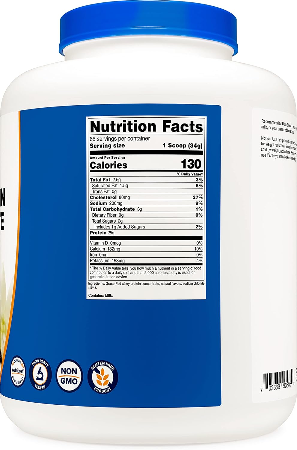 Nutricost Grass-Fed Whey Protein Concentrate (Vanilla) 5LBS - Undenatured, Non-GMO, Gluten Free, Natural Flavors : Health & Household