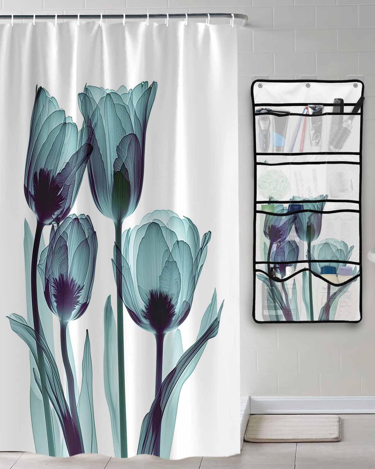 Shower Curtain Mesh Shower Organizer Hanging Set Abstract Green Tulip Ray White Waterproof Shower Curtains with 10 Pockets