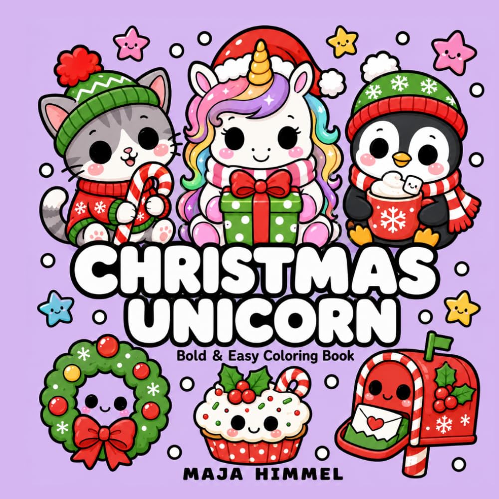 Christmas Unicorn – A Bold and Easy Coloring Book for Kids & Adults: 40 Simple and Cute Holiday Designs with Unicorn, Cat, Penguin Snowflakes, Gifts, and Cozy Scenes (Cozy Christmas Club)