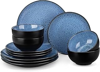 vancasso Stoneware Dinner Service for 4 People, 12-Piece Bubble Crockery Set Made of Stoneware, Crockery Set in Vintage Look, Includes Cereal Bowls, Dessert Plates and Dinner Plates, Blue