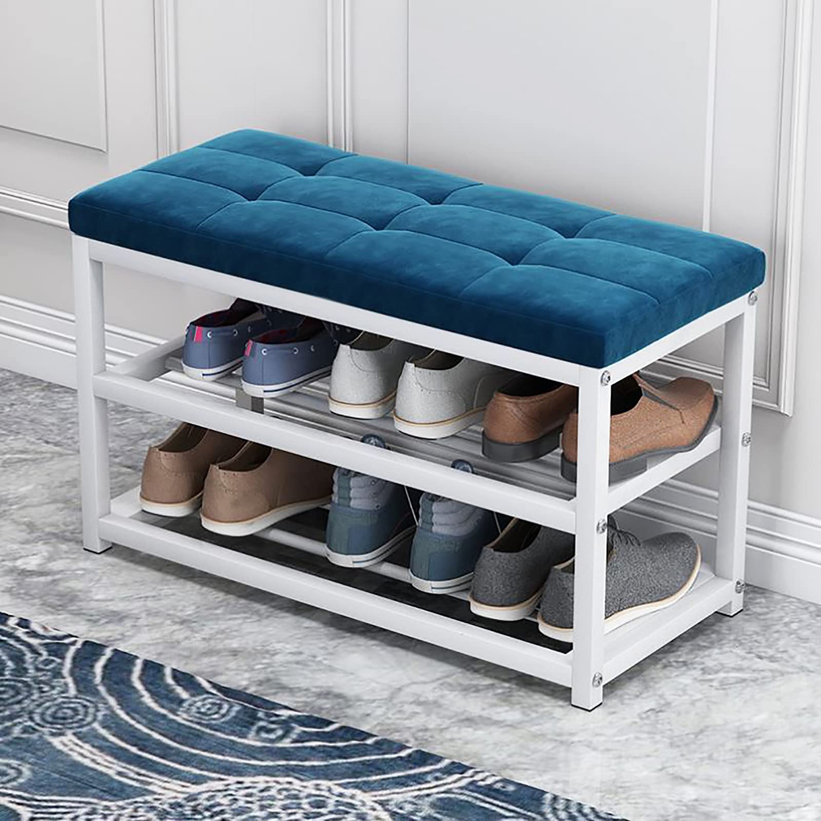 Banc à chaussures en velours 70cm avec assise rembourrée et étagère métal