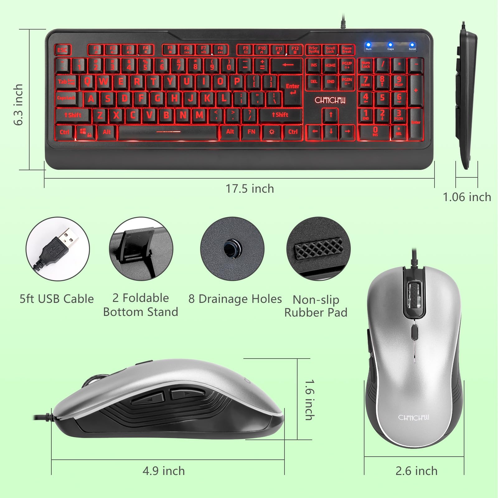 CHONCHOW Wired Keyboard and Mouse Combo with Large Print, Red-Green-Yellow Light Up, Quiet Keys for Office Work or Gaming, RGB Mouse, USB Big Letter Keyboard with Mice for PC Mac Laptop Computer-Black