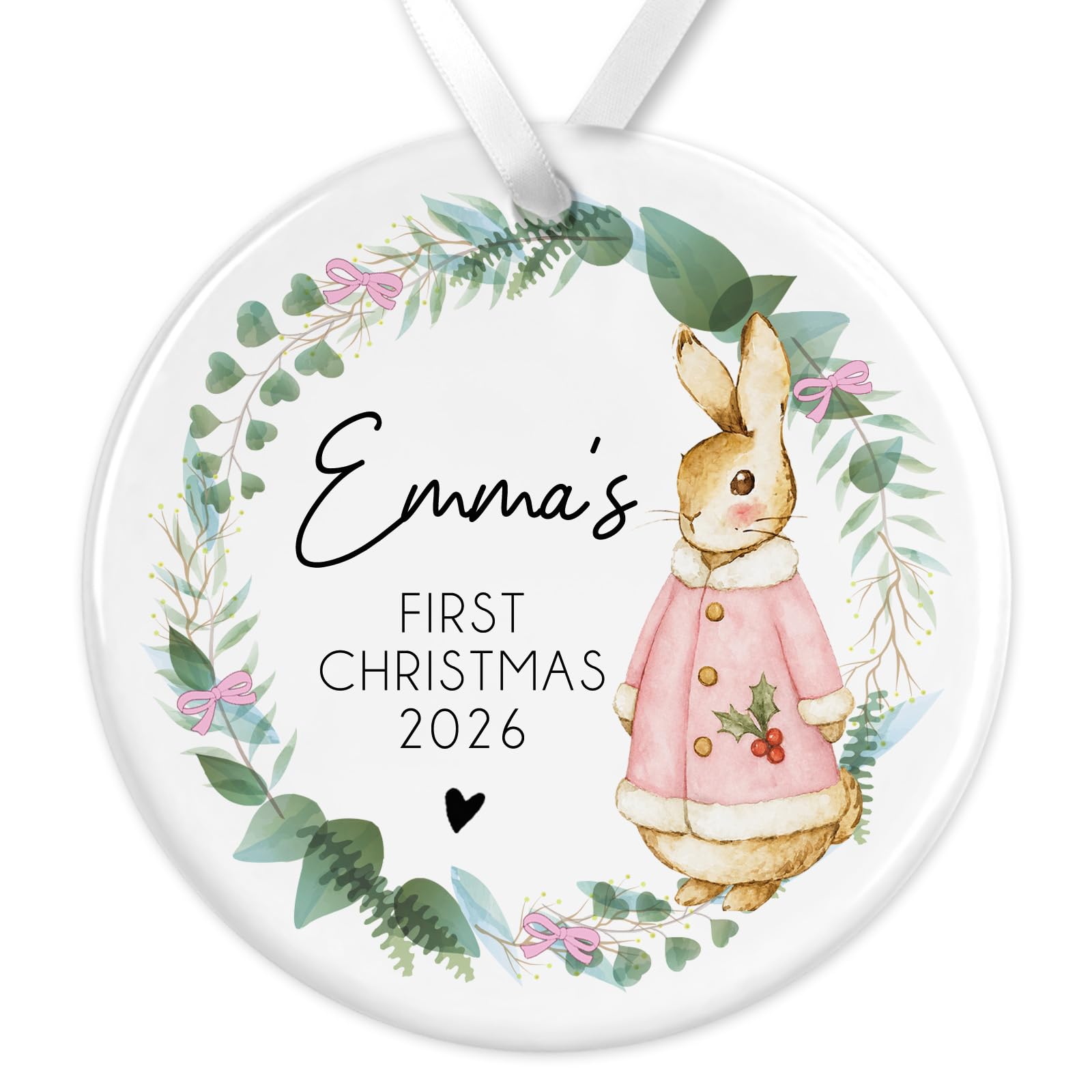 Personalised Babys First Christmas Bauble | Babys 1st Christmas Bauble | Baby’s 1st Custom Baby’s 1st Christmas Decoration 2026 (Pink Wreath)