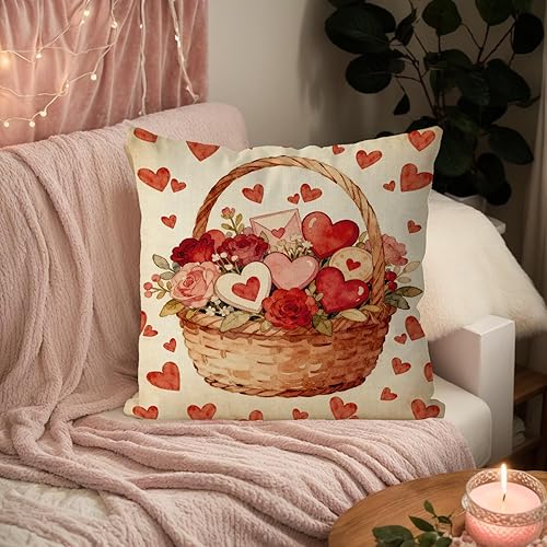 Miniatura 6 de Fundas de almohada de San Valentín de 18 x 18 pulgadas, decoración de flores, decoración de flores, cesta de corazón, funda de cojín para sofá,