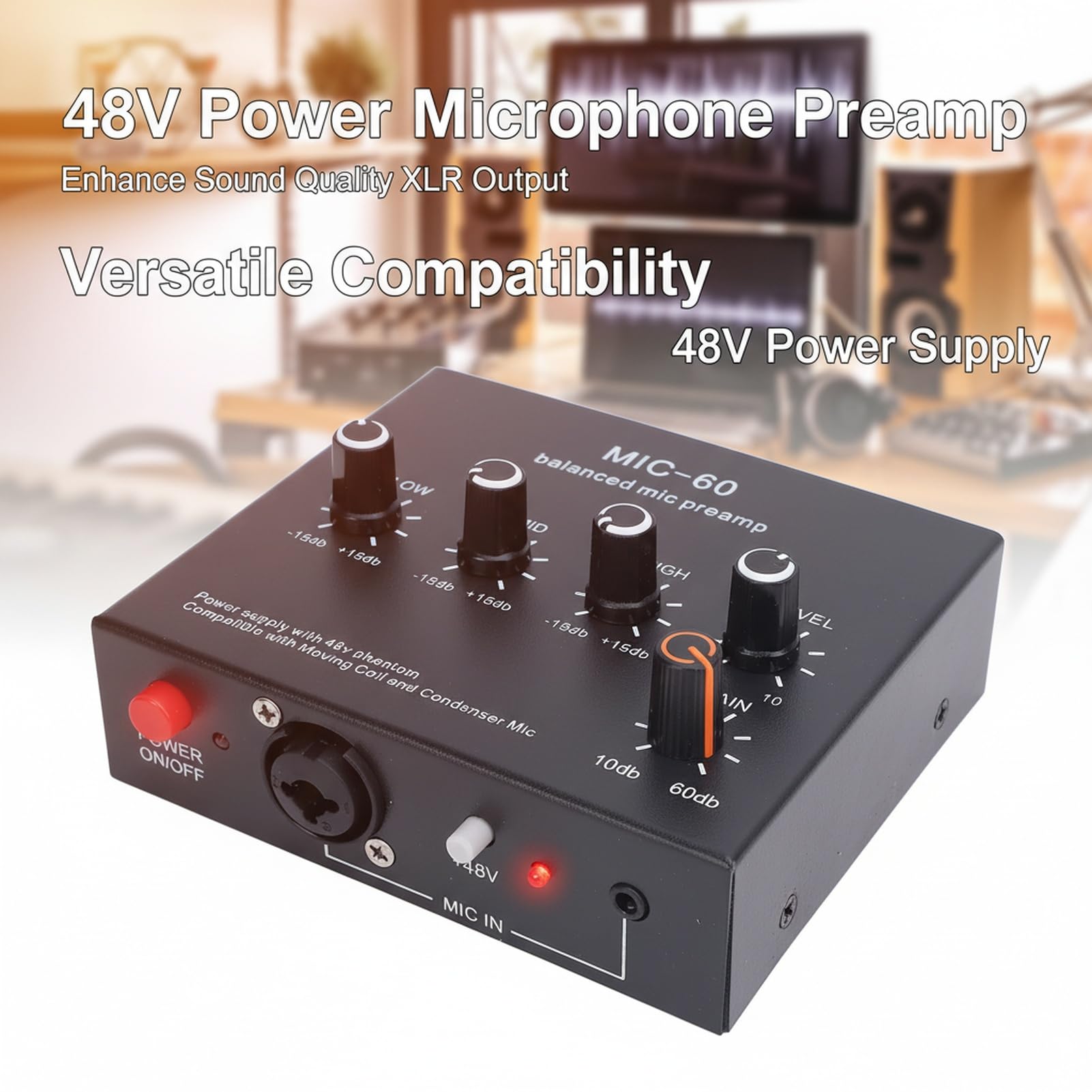 Preamplificador de micrófono XLR balanceado SustVita con ganancia de 10-60 dB, potencia de 48 V para micrófonos dinámicos y de condensador, un amplificador de ganancia de