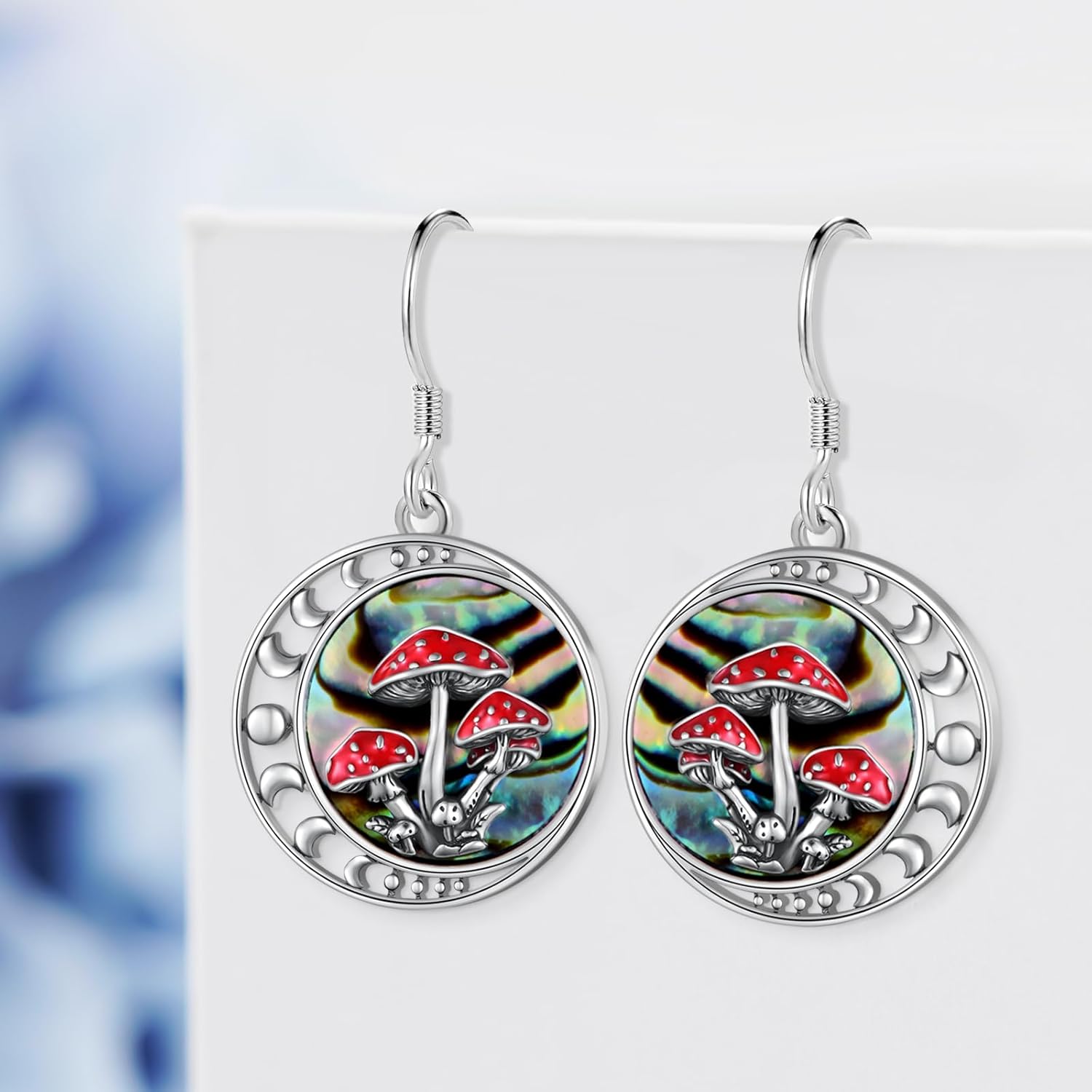Moon Mushroom Earrings for Women,925 Sterling Silver Magical Red Mushroom Dangle Moon Phase Earrings,Anniversary Birthday Gifts for Women Teen Mom - Image 2