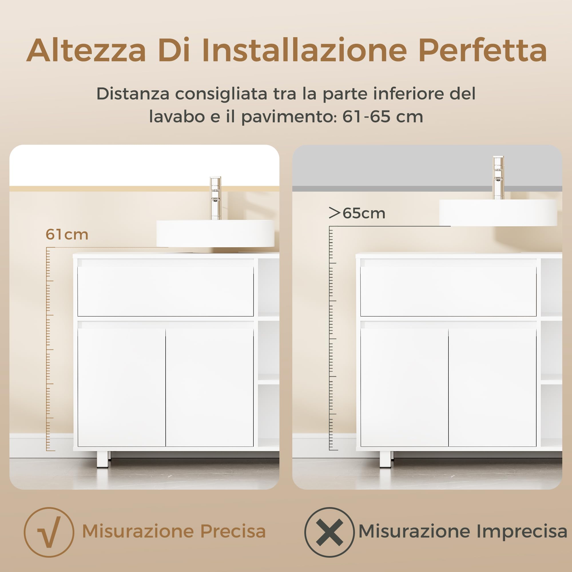 BEWISHOME Mobile Sottolavabo per Bagno,Mobile da Bagno, 1 vano Portaoggetti Nascosto, 2 Ante, 3 Ripiani Regolabili Aperti, con Gambe, 90 x 64.5 x 30 cm, Bianco EYSG02W