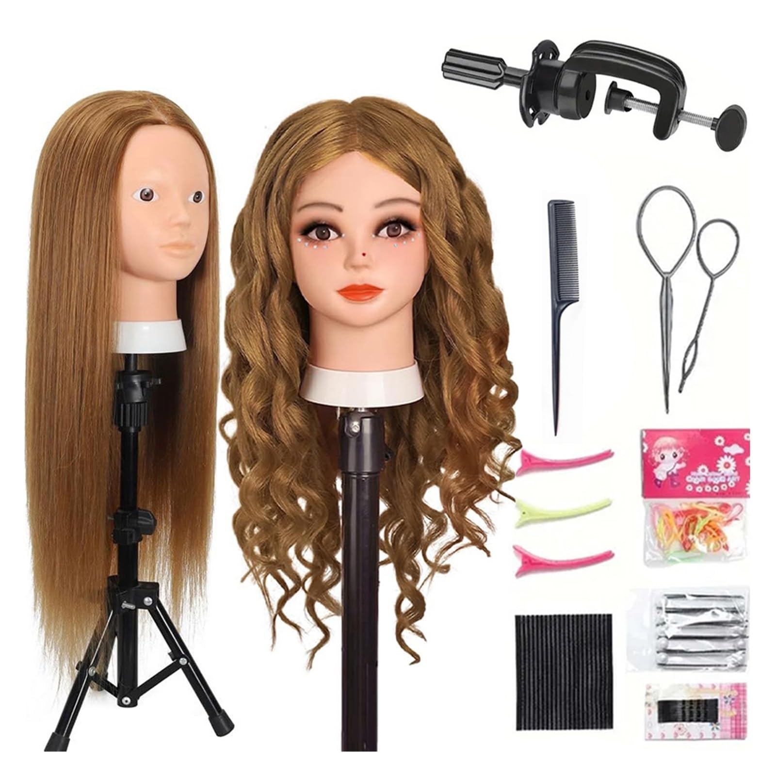 Frisierkopf mit 60 cm langem glattem Haar - 80% Echthaar-Mischung zum Schminken und Stylen (Set2)