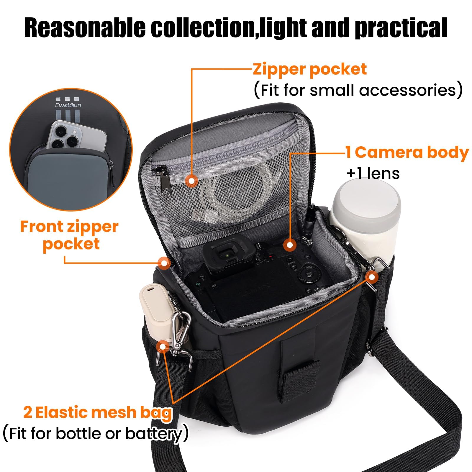 Cwatcun Kameratasche, SLR Schultertasche Tasche, Schultertasche für DSLR-Kameras für Canon/Nikon/Sony, mit schnell zugänglichem, gepolstertem Fach, leichte, Schwarze Digitalkameratasche (S)