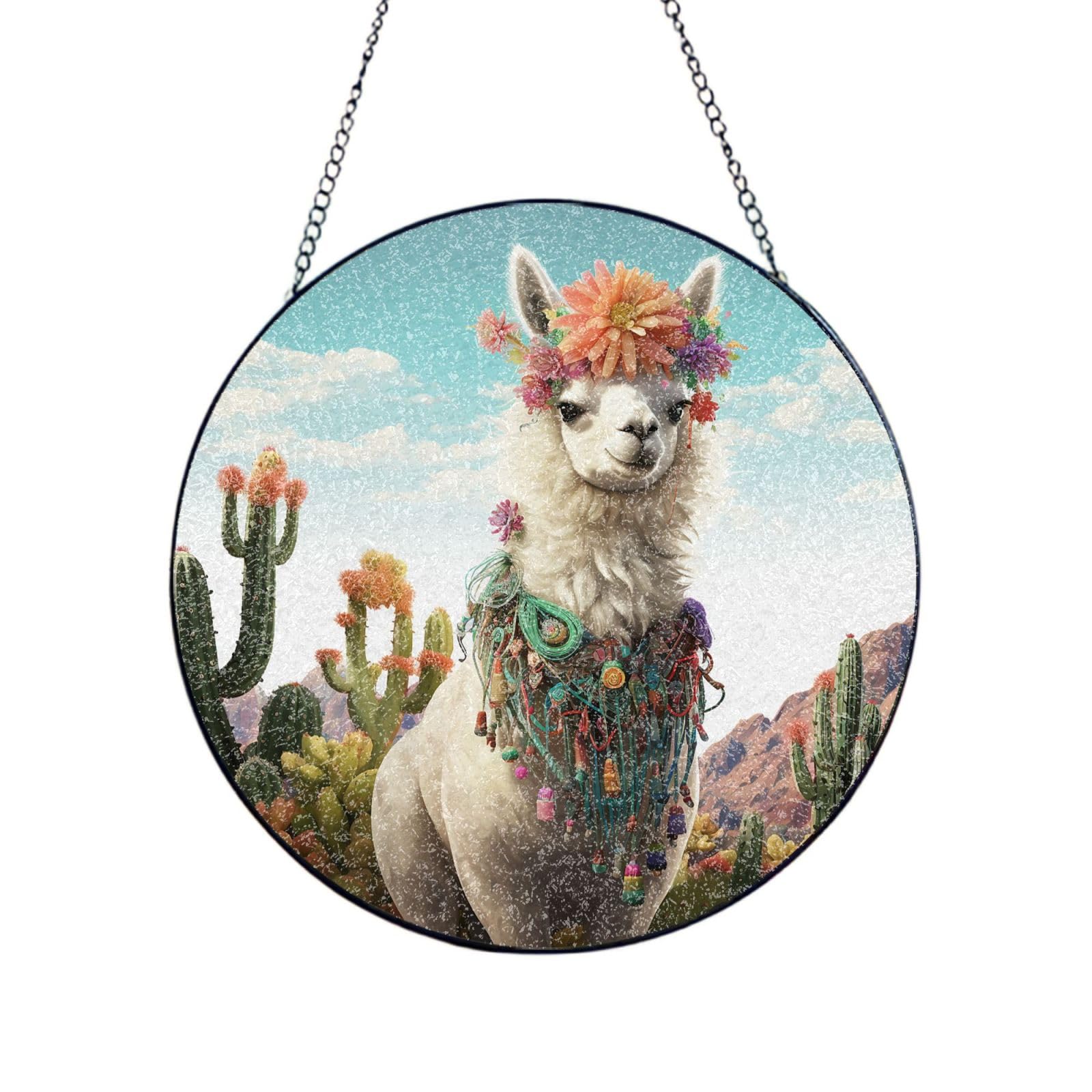 Fodpand Women's Transparent Stained Glass Window Hanging 6In（15Cm）, Mexican Llama Cactus Glass Suncatcher For Home Decor, Indoor Wall Art Glass Panel With Metal Chain And Hooks, Sun Catcher Ornament Birthday Gifts