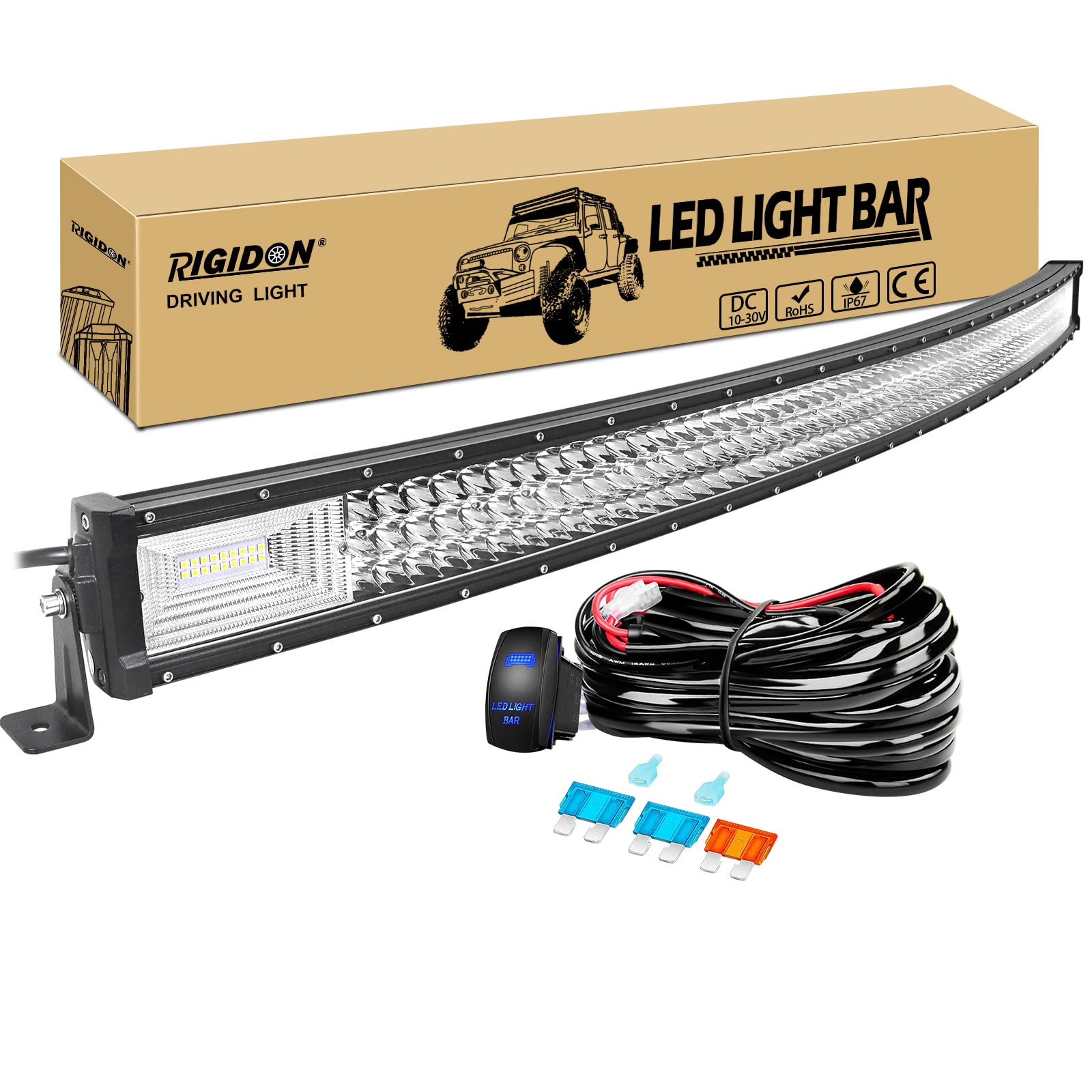 RIGIDON 52 cale 675 W zakrzywiona lampa robocza LED z zestawem kabli 12 V, zestaw kabli wiązki przewodów 7D trójrzędowa lampa przeciwmgielna do jazdy samochodem terenowym ciężarówki SUV ATV 4 x 4, reflektor powodziowy Combo Beam, wodoodporna, 6000 K biała