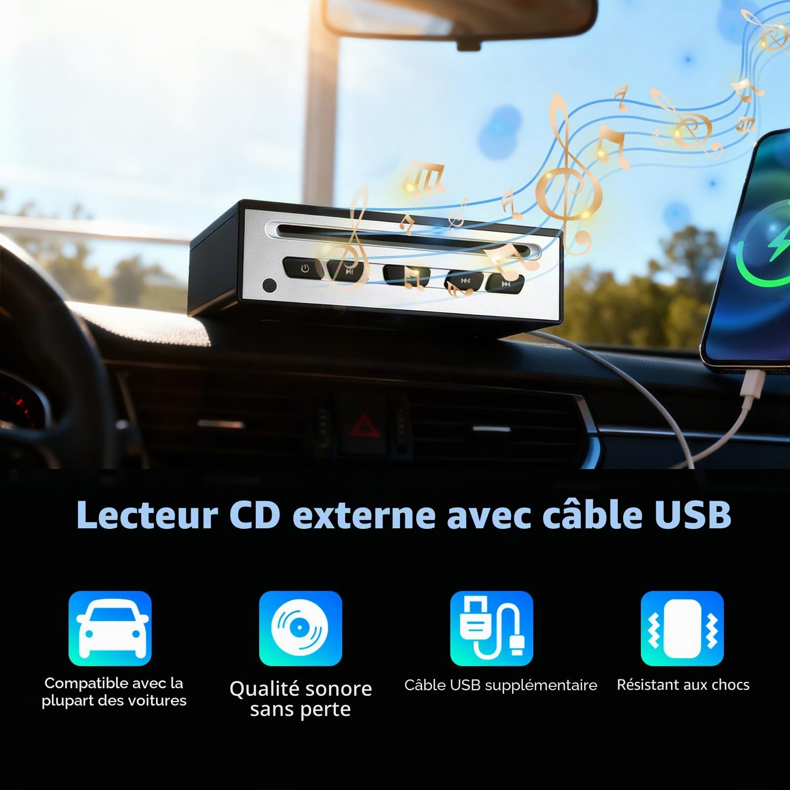 Lecteur CD pour voiture - Lecteur CD externe universel avec port USB, AUX, HDMI et USB-C, Plug & Play, compatible avec autoradio, ordinateur portable, TV, ordinateur et systèmes hi-fi