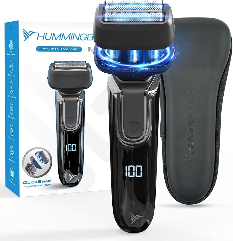 Barbeador elétrico de tela HUMMINGBIRD MK7 com quatro lâminas, nivelador de pelos longos, uso seco e molhado, recarregável via USB-C, visor LED e estojo de viagem