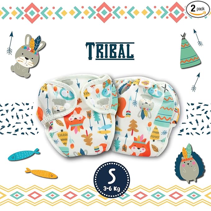 Paw Paw Reusable Baby Washable Cloth Diaper Nappies with Wet-Free Inserts for Babies/Infants/Toddlers (Small (3-6 Kg), Tribes Print)