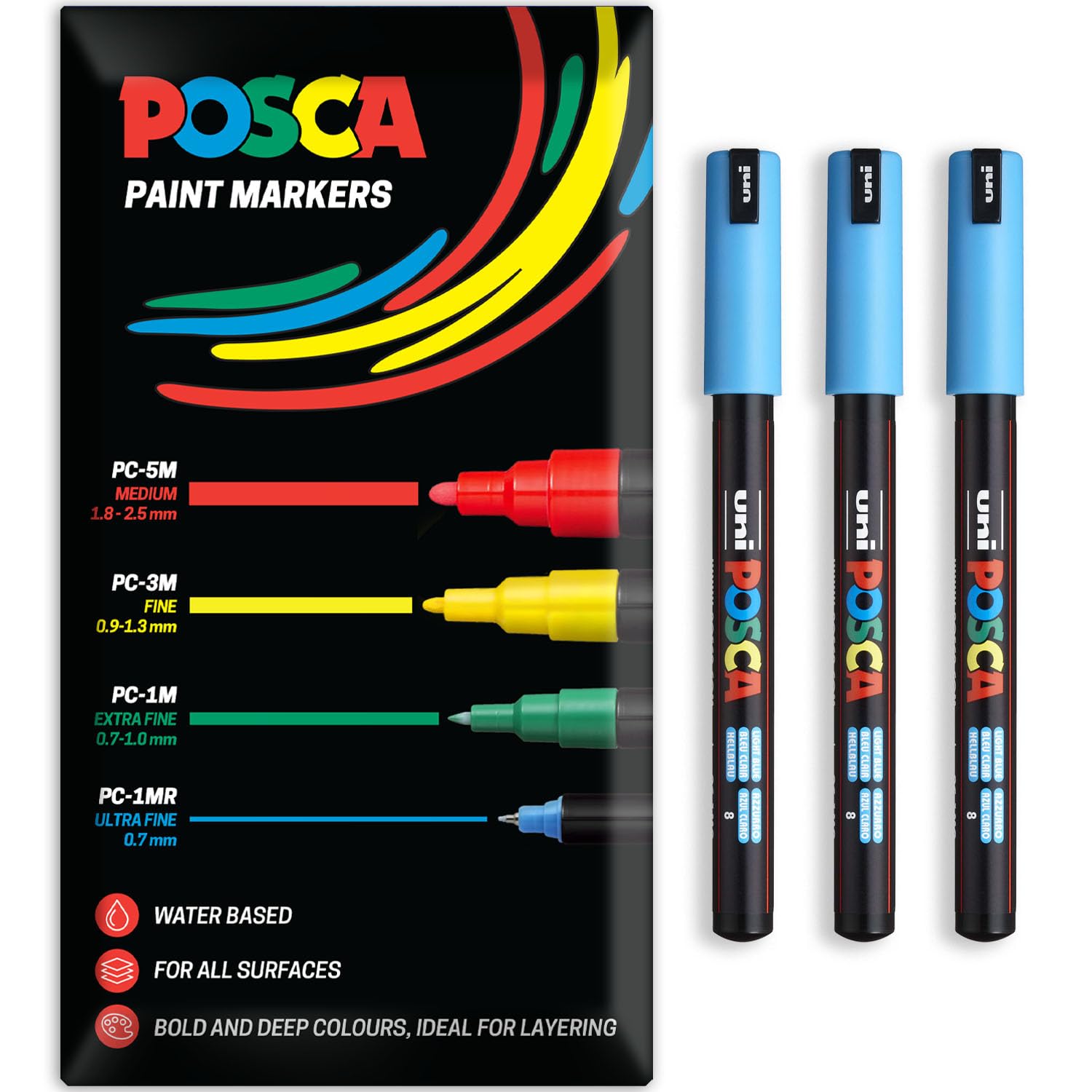 Posca Water Based Acrylic Paint Marker Pens | Multi Surface Use Permanent Paint Pen | Pack of 3 Pens in Envelope Gift Packaging | Glass, Fabric, Canvas, Wood etc | PC-1MR, Light Blue