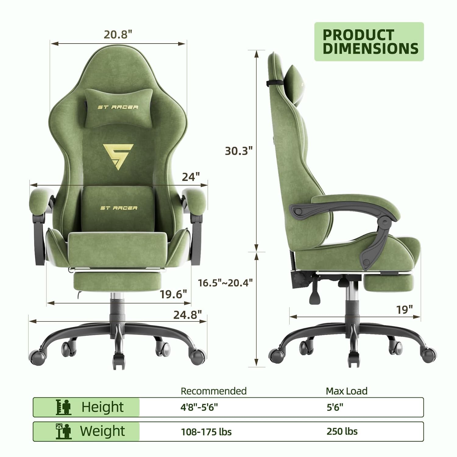 Furgana Velvet Fabric Fabric Ergonomic Gaming Close Footrests & Massage, High Back Reclining Computer Gamer Chair For Adult, Suitable for Racing Style PC Video Game Chair Home Office (Green) Furgana Velvet Fabric Fabric Ergonomic Gaming Close Footrests & Massage, High Back Reclining Computer Gamer Chair For Adult, Suitable for Racing Style PC Video Game Chair Home Office (Green)