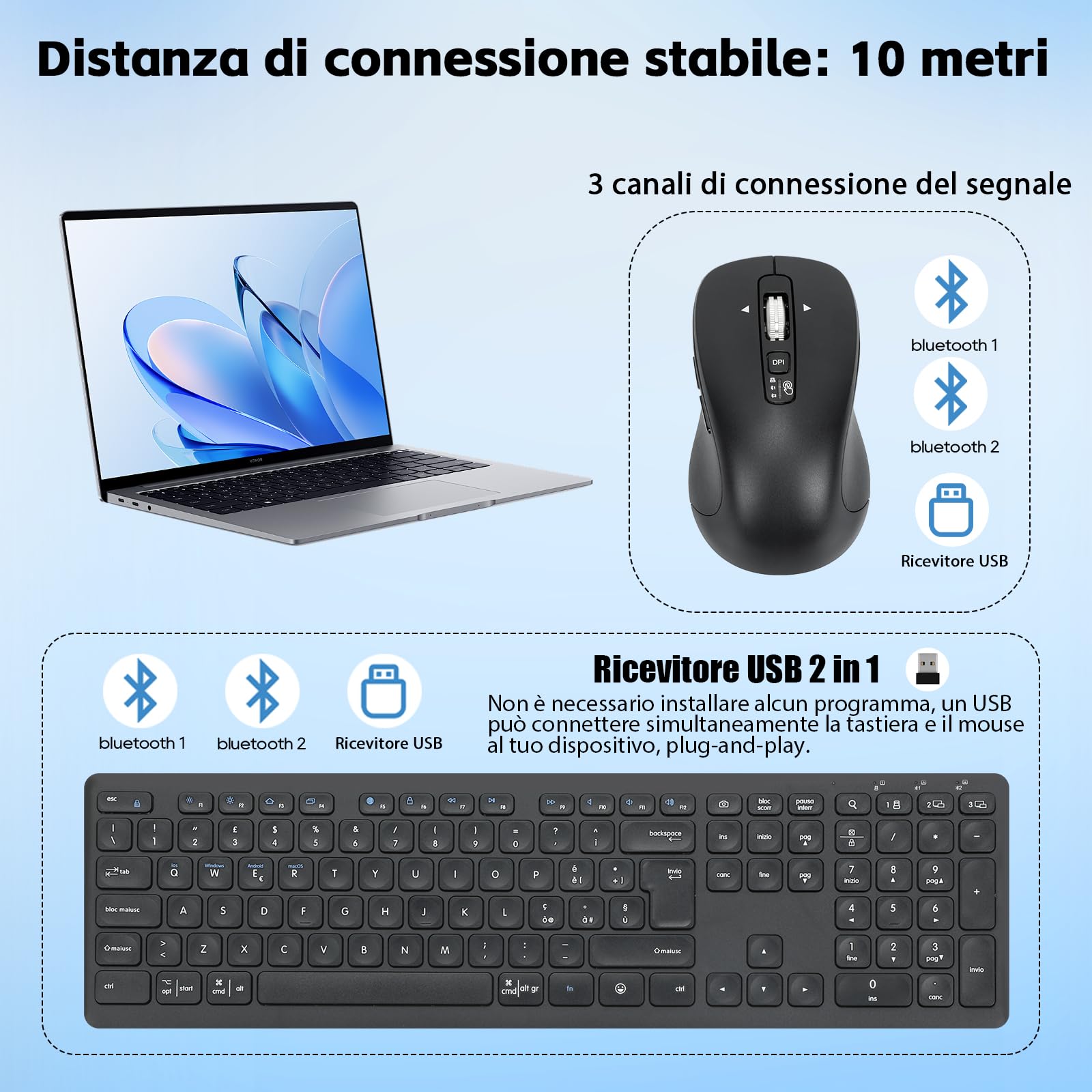 CITLLA Combinazione wireless di tastiera e mouse M9300, ricevitore USB 2-in-1 e due Bluetooth, tastiera silenziosa multi dispositivo, adatta per computer, laptop, uffici e lavoro