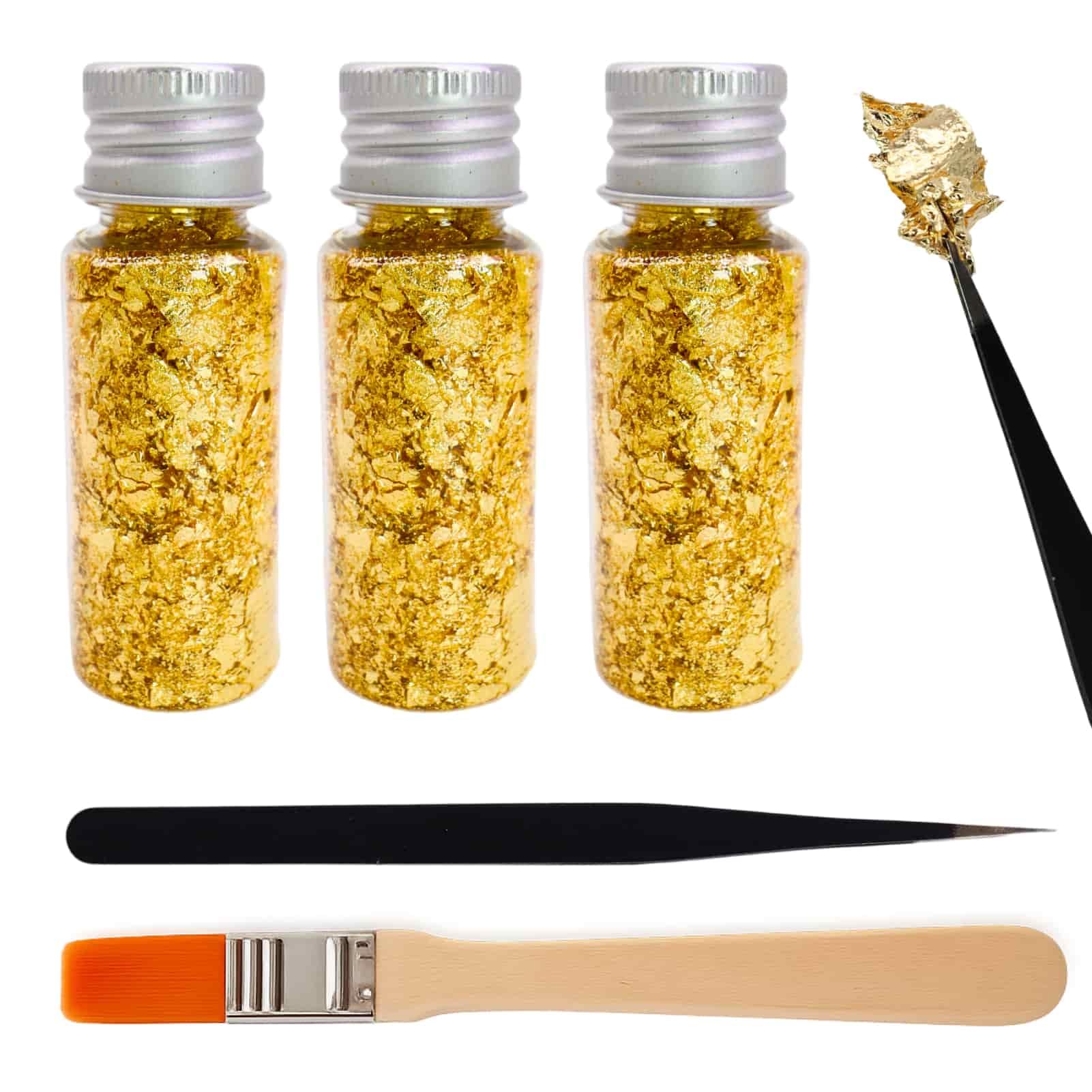 3 Flaschen Blattgoldblätter mit Pinzette & Pinsel, Blattgold Flocken Multifunktions-Dekorfolienpapier Goldfolie Papier für Küche, Mousse, Kuchen, Backen, Gebäck, Kunsthandwerk & Dekoration
