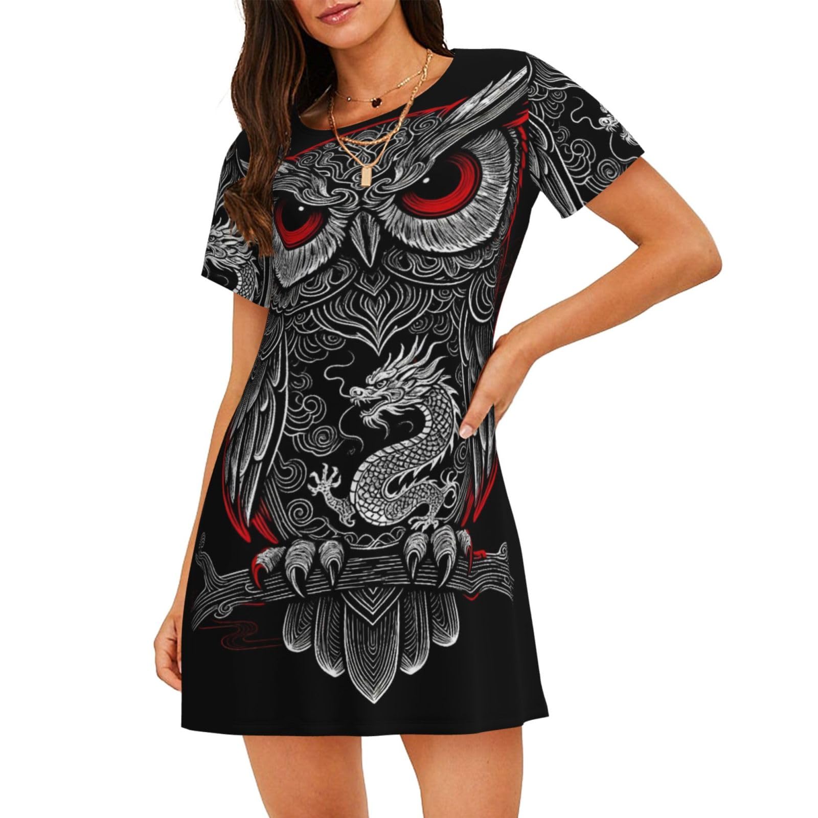 Zelinge Women's Ornate Owl Dragon Art Red Sleepwear Nightgowns ’S Nightshirt Pj Dress Tshirt Sleepwear S-3Xl, 3XL
