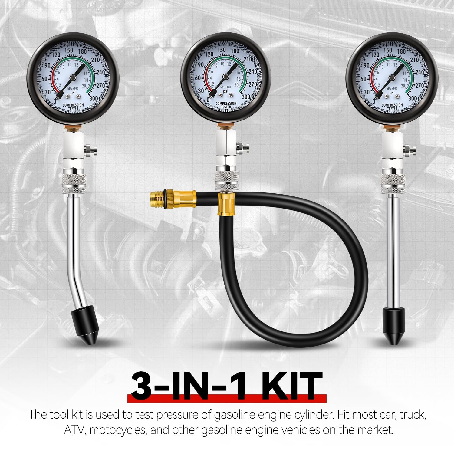 Auto Dynasty 8PCS Compression Tester Kit - 3-IN-1 Engine Compression Tester Gauge Automotive Quick & Accurate Cylinder 0-300 Psi Pressure Measurement Tool