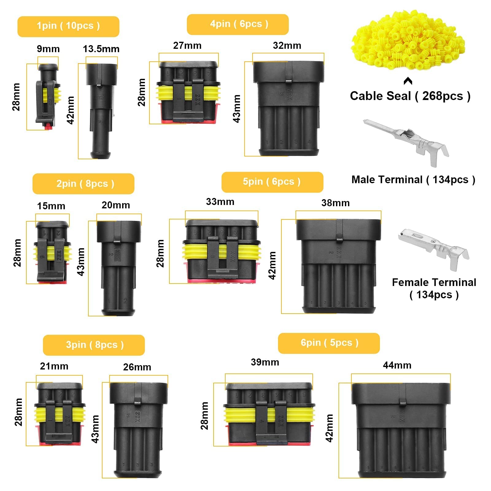 622 Pièces Imperméable à l'eau Connecteurs, Connecteurs Étanches pour Voiture à 1/2/3/4/5/6 Broches mâle/femelle avec fusibles à lame automobile pour Bateaux Camion Scooter Moto, 23-16AWG