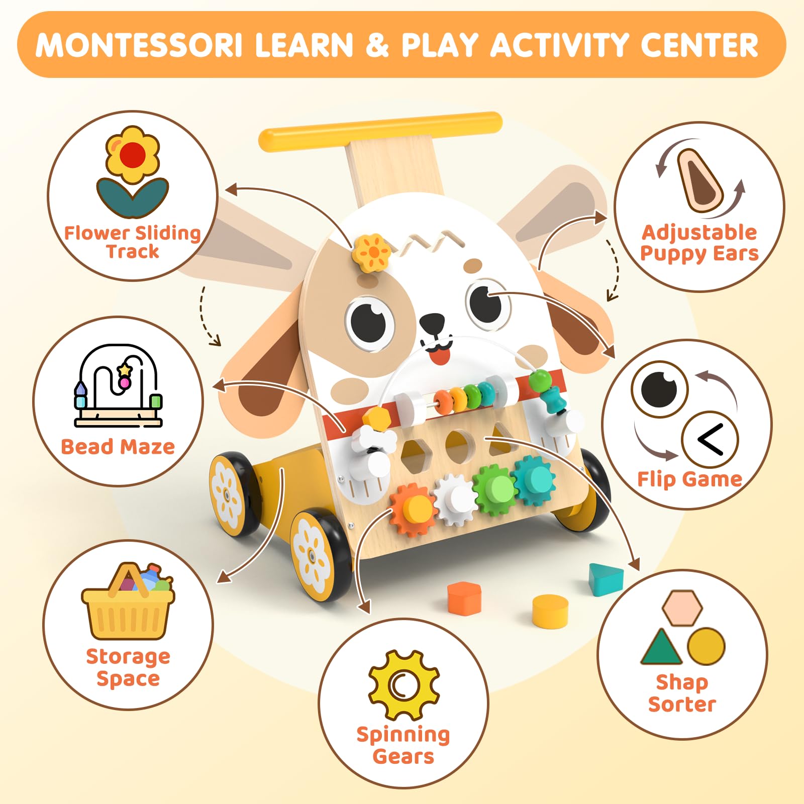 Montessori 6 w 1 drewniany wózek spacerowy, 1 rok | Wózek na zakupy w kształcie psa, 6 w 1: labirynt koralików, sortownik kształtów, koła zębate i inne