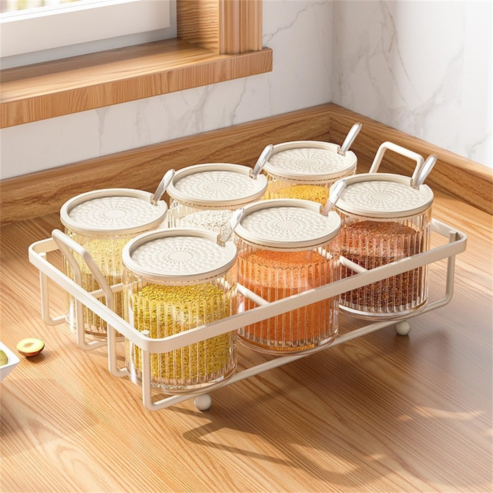 Recipiente de especias para encimera de cocina con tapas y cucharas, tarro de metal y plástico transparente para almacenar sal, pimienta y varios condimentos (6 botellas)