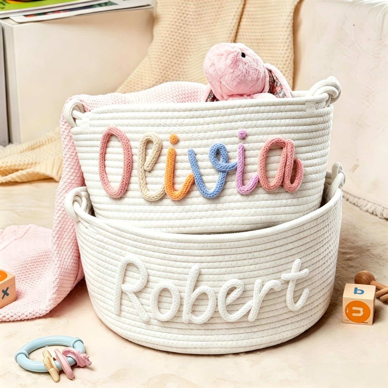 Personalized Handmade Baby Gift Basket, Custom Woven Cotton Rope Basket with Names Patterns, Newborn Keepsake Registry Item, Diaper Storage(S:27x12x19cm)
