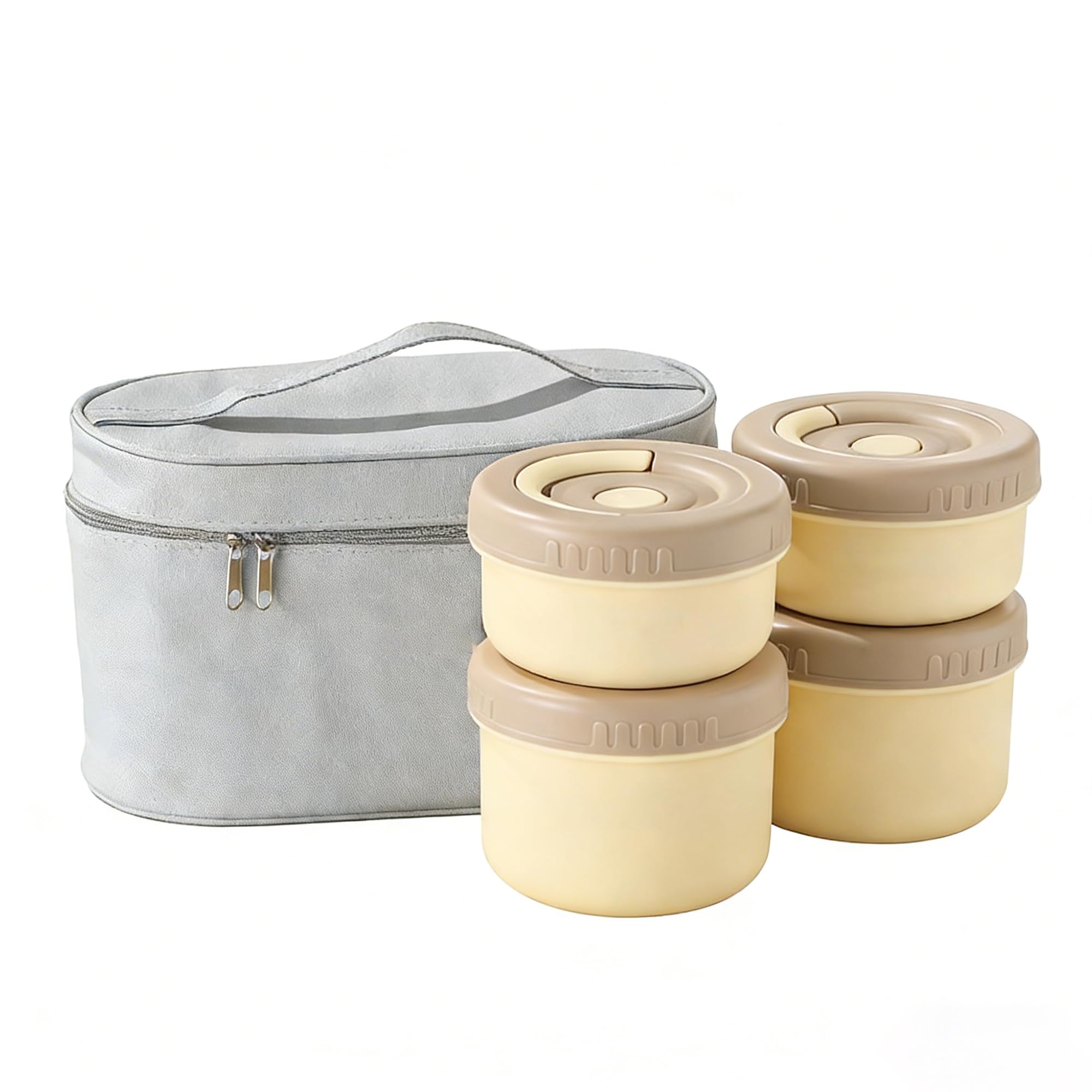 Contenitore Termico per Alimenti Caldi,Lunch Box in Acciaio Inossidabile 304,Alimenti Caldi Contenitori per il Pranzo,Rotonda con Maniglia,Borsa,per Cibi Caldi e Freddi, beige-4pcs