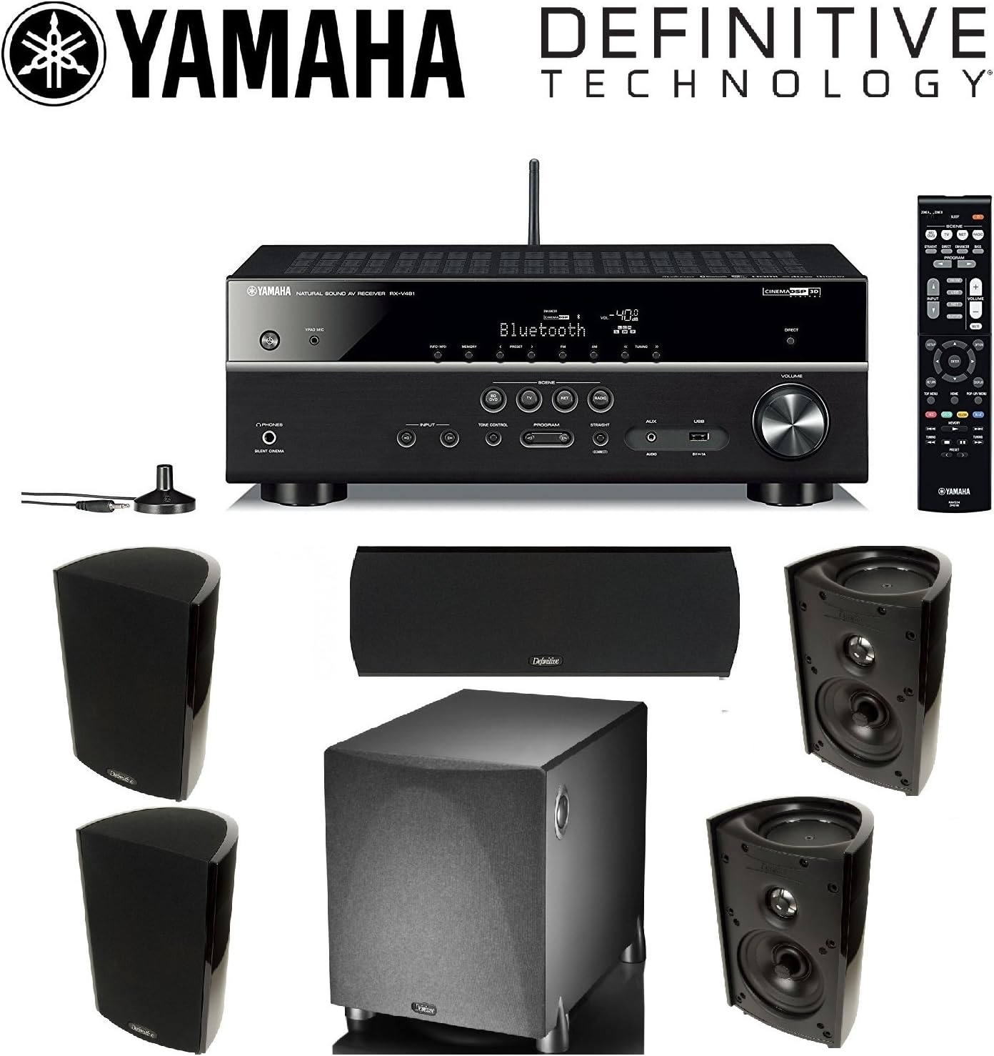 Yamaha RX-V481BL Receiver (Black) + 2 Pairs of Definitive ProMonitor 1000 Bookshelf + Definitive ProCenter1000 Center Speaker + Definitive ProSub 1000 Speaker Bundle Leather Bound