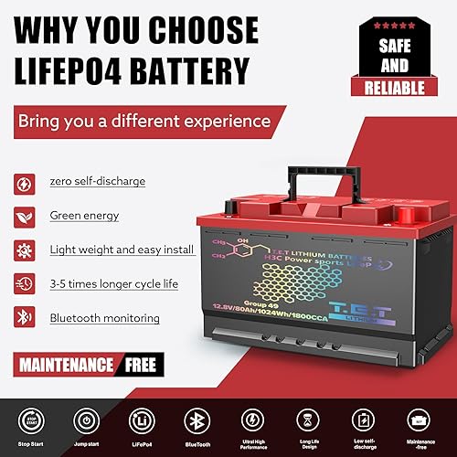 Miniatura 6 de TET - Batería de litio de arranque para automóvil, BCI Group 49 Lifepo4, batería de iones de litio sin mantenimiento, batería automotriz de 12.8 V,