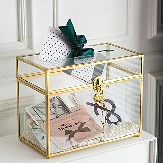 Glass Wedding Card Box with Slot and Lock, Large Clear Card Box Gold Brass Gift Card Storage Box with Lock for Wedding Receptions, Baby Shower, Birthday Party, Bridal Shower