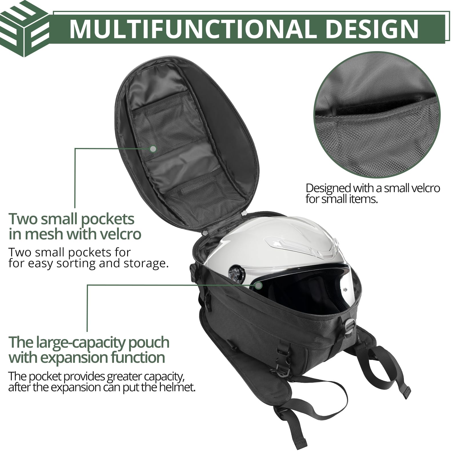 EYPINS Hecktasche Motorrad, Erweiterbar Wasserdicht Motorradtasche mit Reflexstreifen, Regenschutz, verstellbare Gurte Motorrad-Rucksack, Integralhelm-Organisator, Schwarz
