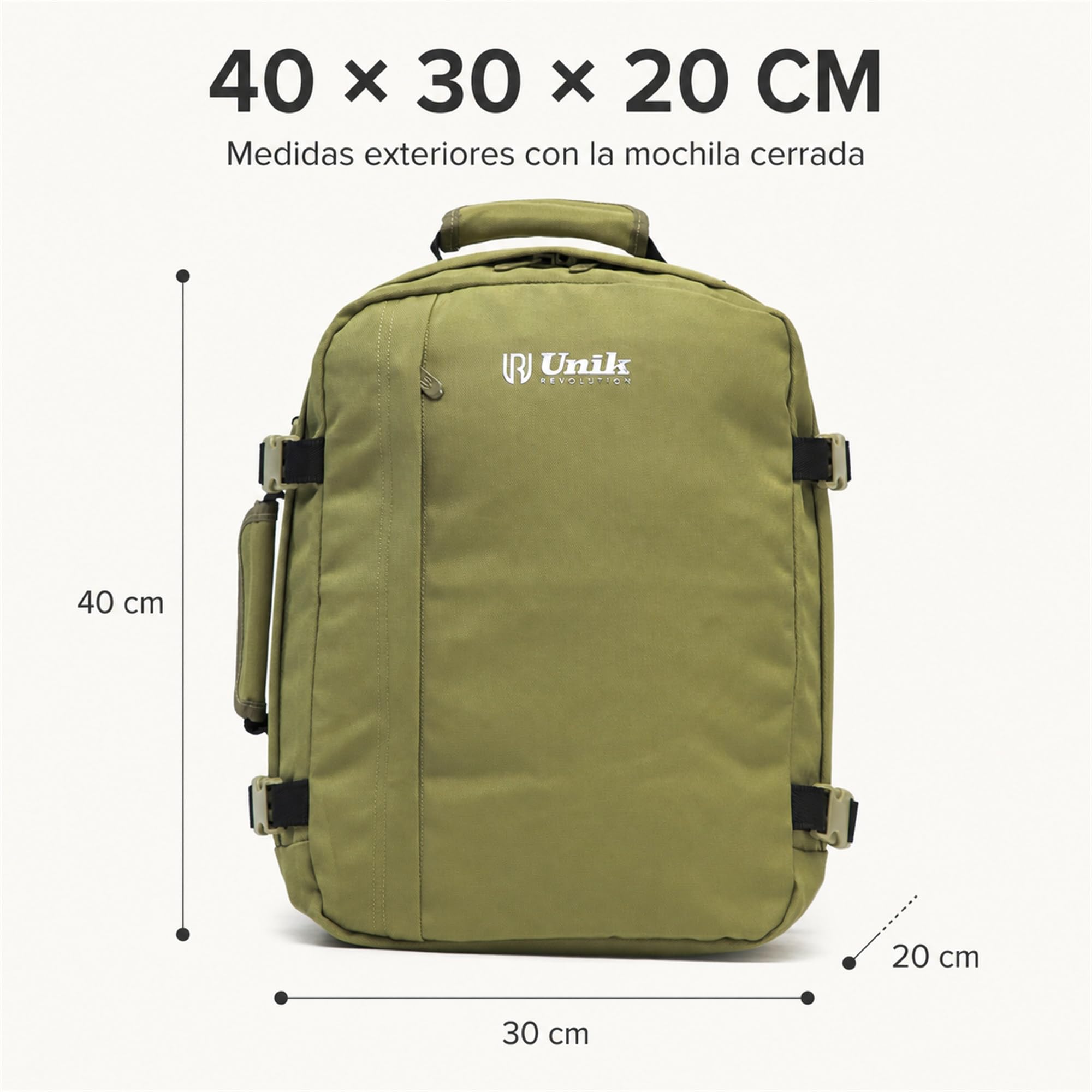 Aero Fit Mochila de Cabina 40x30x20 – Equipaje de Mano GRATIS en Ryanair, Vueling y Wizz, 28 L, Solo 650 g, Bolsillo para Portátil y Botella, Bajo el Asiento – Verde Oliva