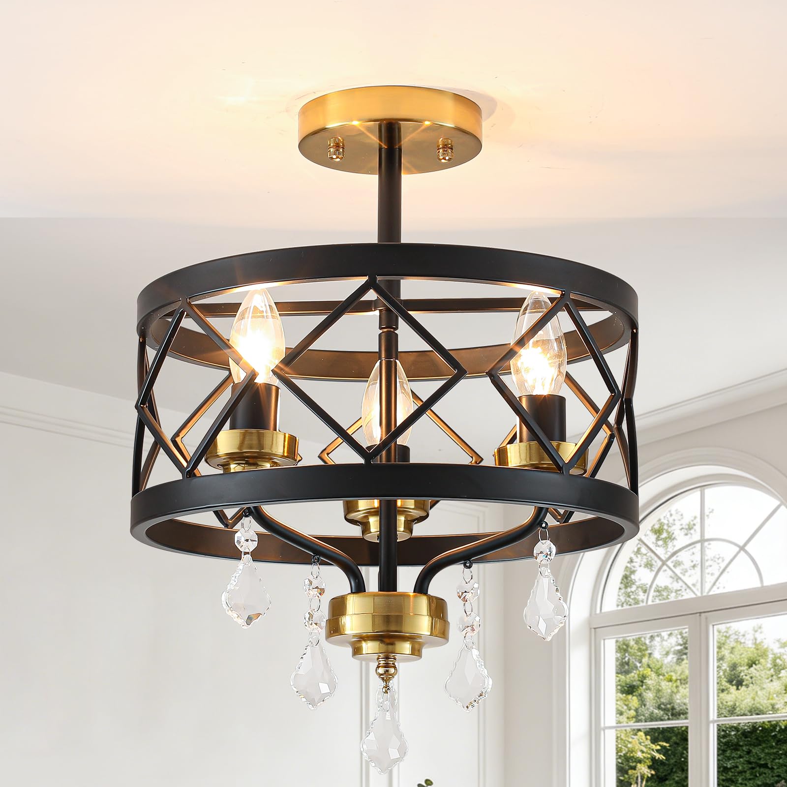 JZQWCK Vintage Kitchen Lights Ceiling, 3-Light Black and Gold Crystal Semi Flush Mount Ceiling Light, Modern Lighting Fixture for Bedroom Hallway Storage Room Foyer Bathroom H 45 W 32